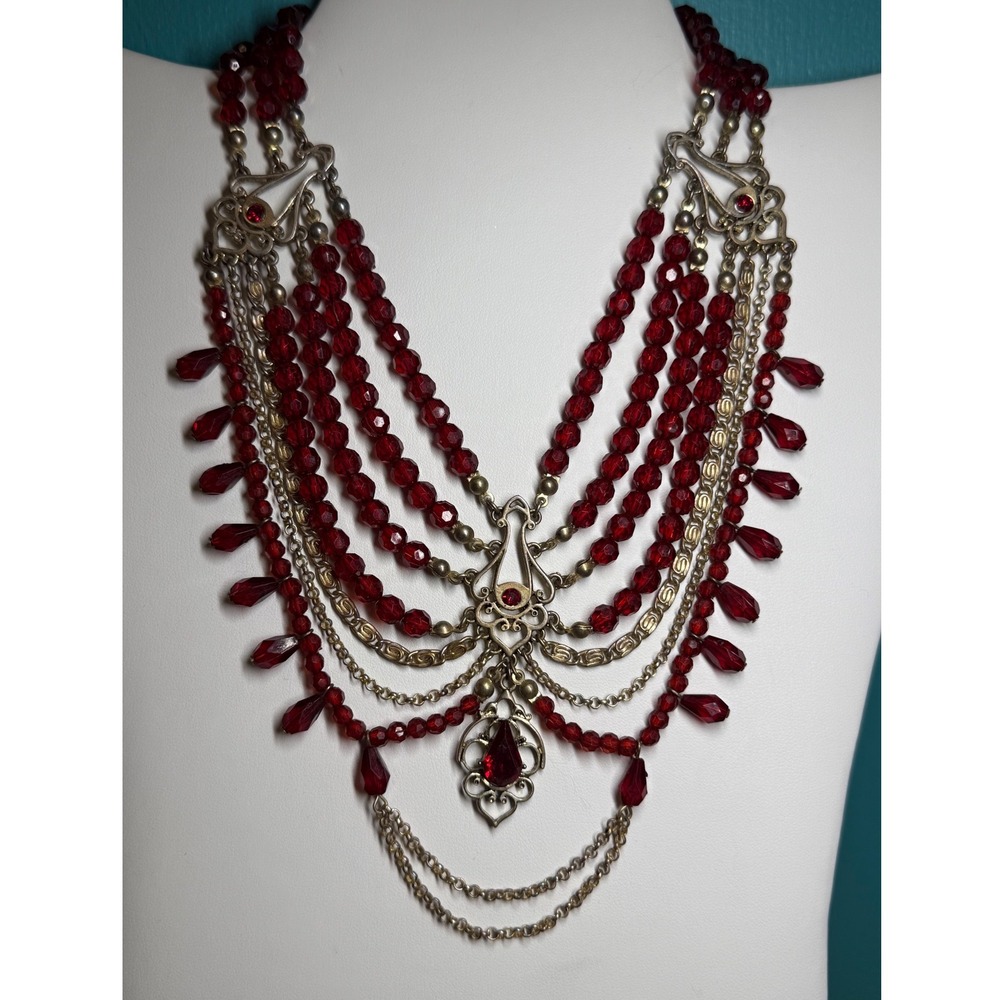 VTG Robert Rose Red Crystal Beaded Statement Bib Necklace Gothic Vamp  Crimson